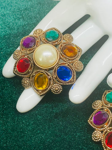 Rainbow Rhinestone Clip On Earrings with Faux Pearl Center